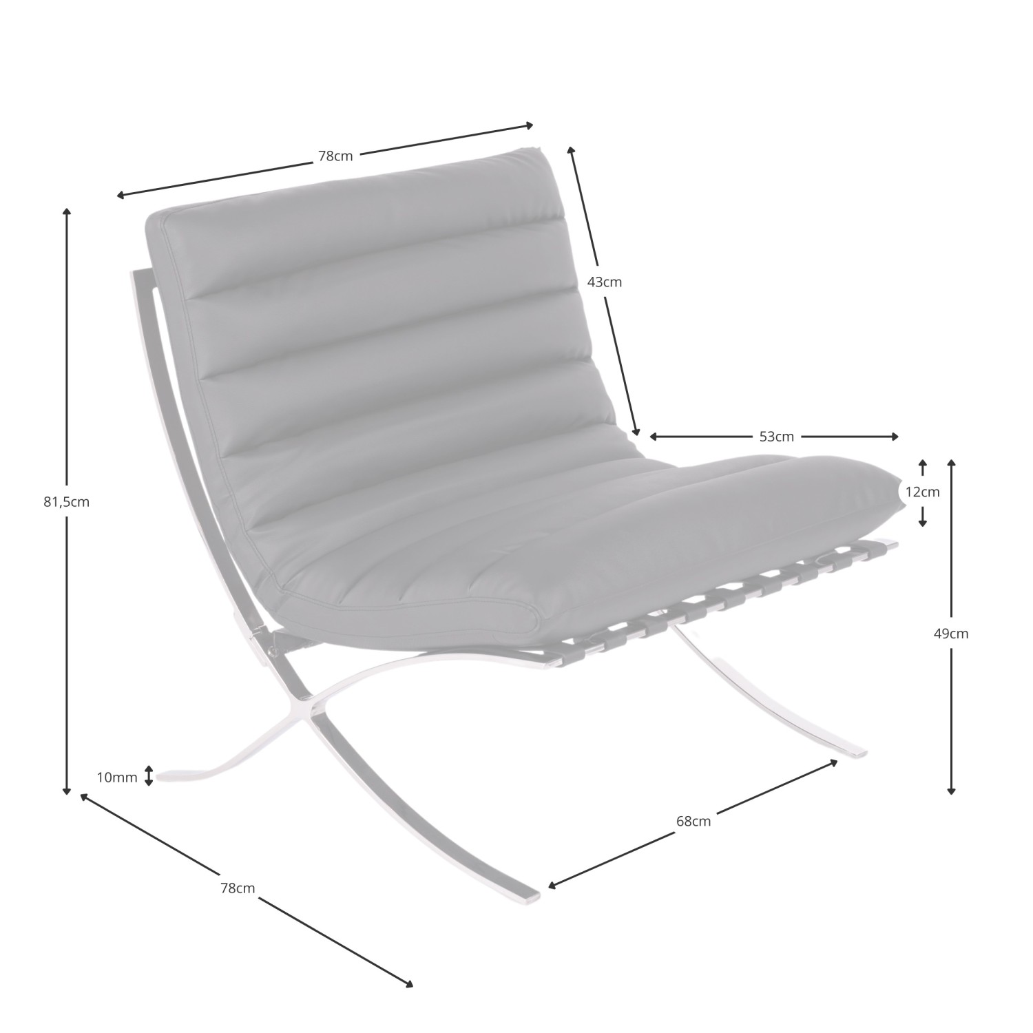 Image with the measurements of the design armchair Madrid