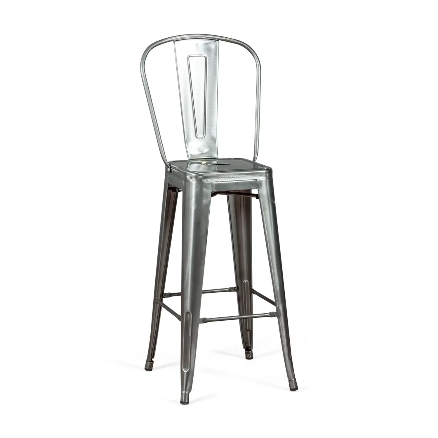 Réplique du tabouret métallique Tolix avec dossier haut et hauteur de 76 centimètres, inspiré du design de Xavier Pauchard