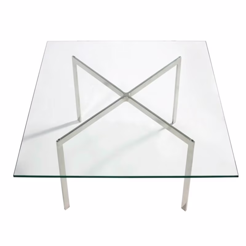 Mies Van Der Rohe -pöytä 100x100cm : karkaistua lasia ja ruostumatonta terästä