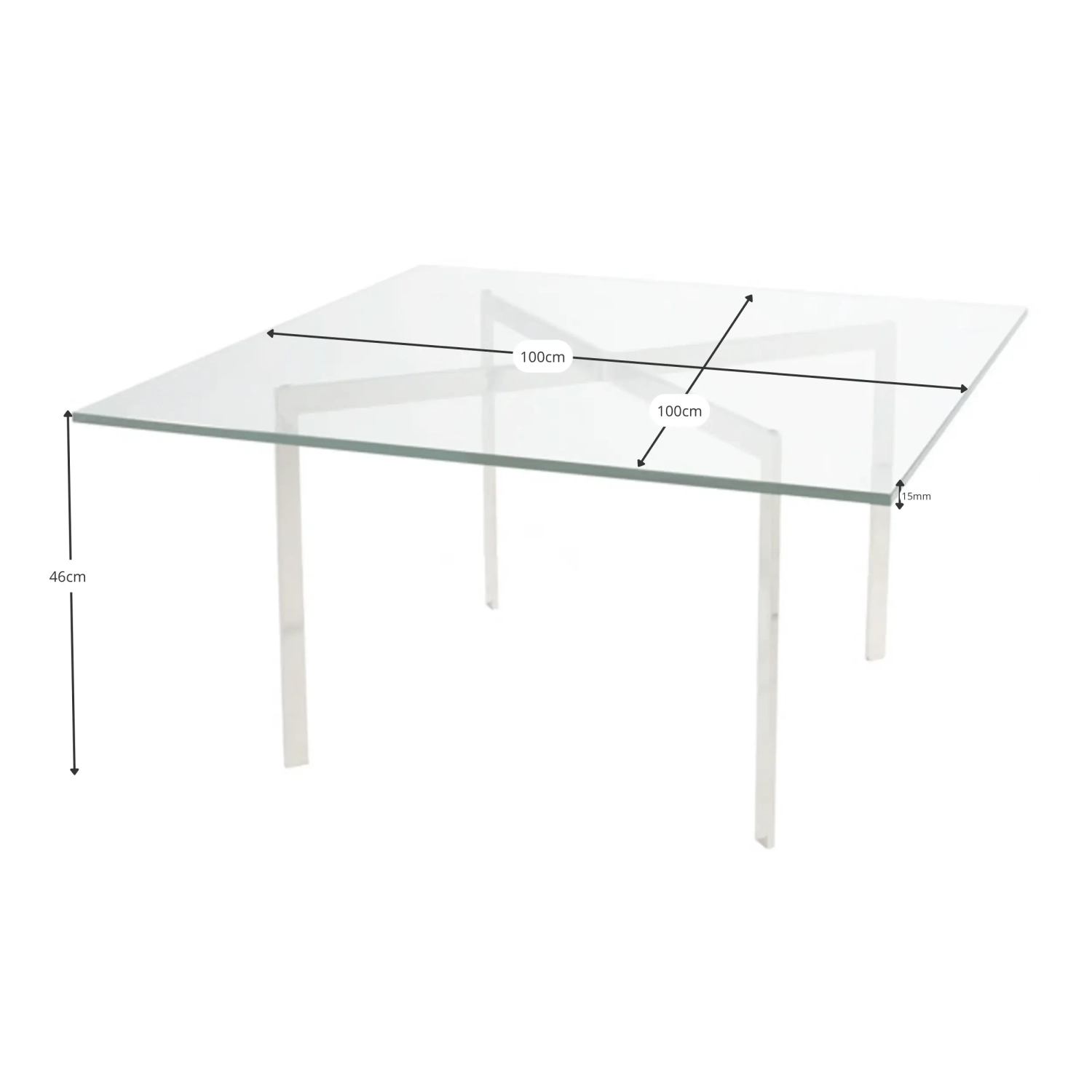 Mies Van Der Rohe -pöytä 100x100cm : karkaistua lasia ja ruostumatonta terästä