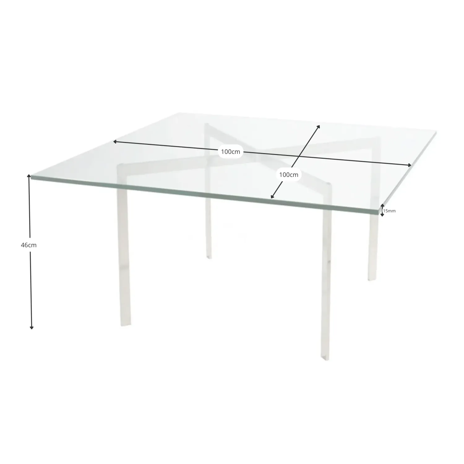 Table Mies Van Der Rohe 100x100cm : Verre trempé et acier inoxydable