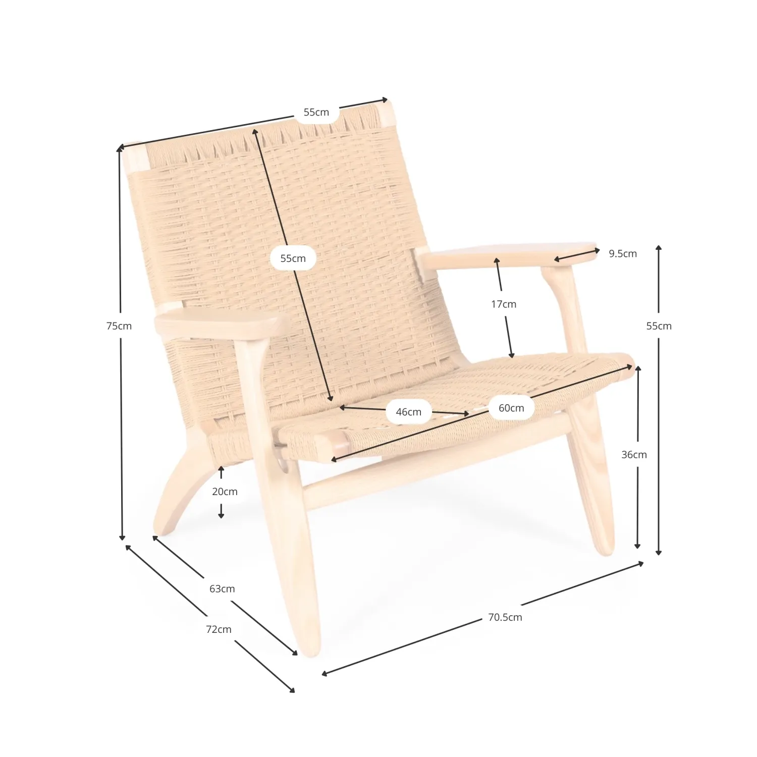 Fauteuil Catani CH25 | Design scandinave en frêne et corde naturelle