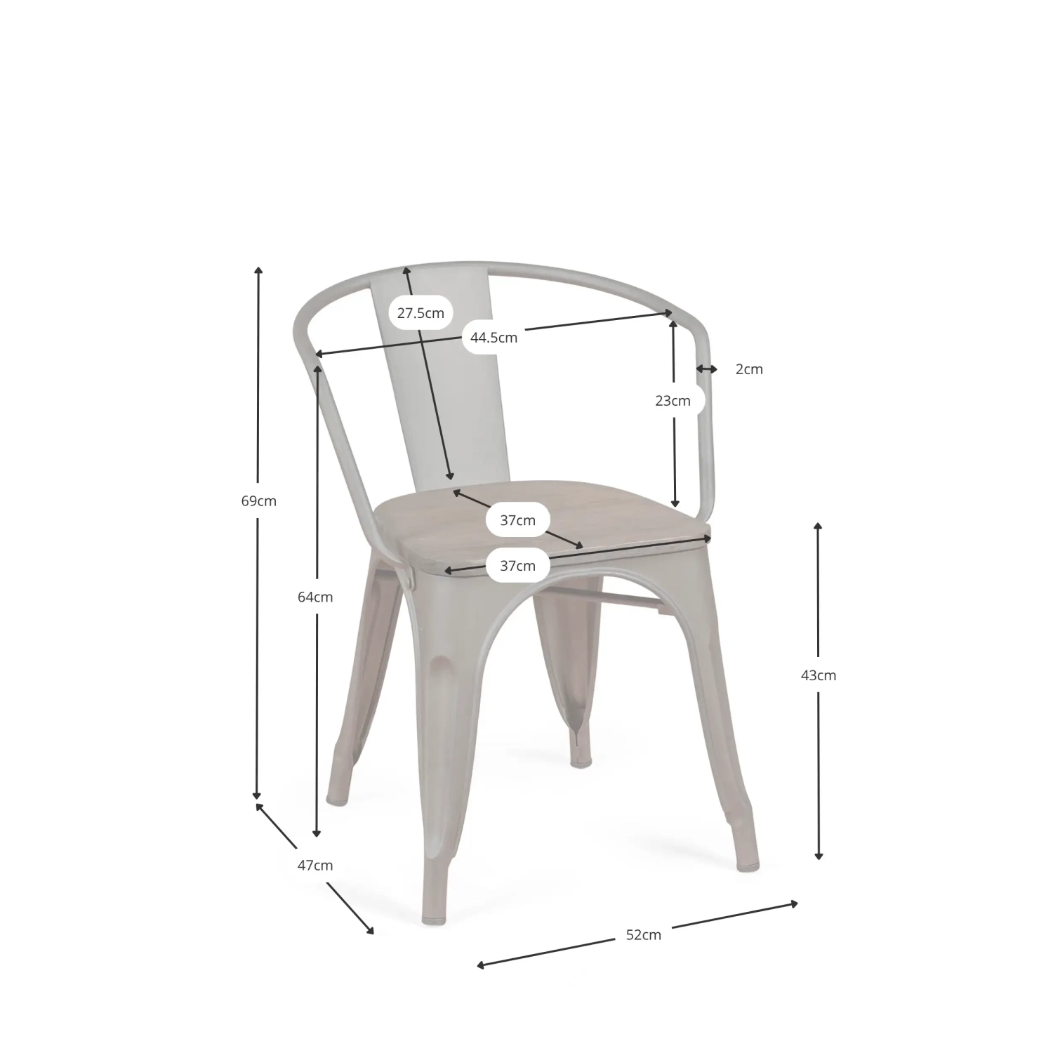 Bistro Arms Wood Chair | Industrial Chair with Armrests and Wooden Seat