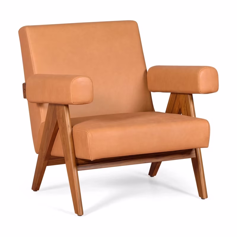 Sillón lounge Confort Compass en madera de teca y piel italiana