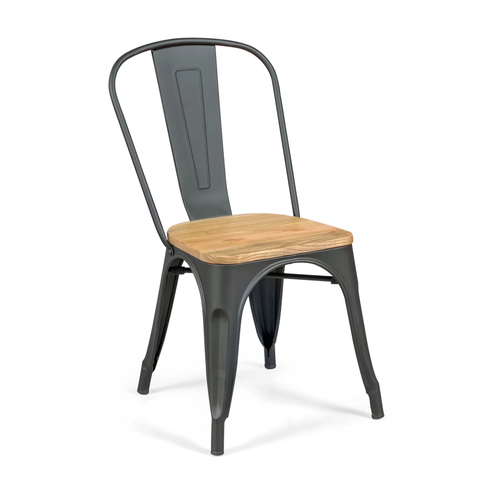 Chaise empilable Bistro | Acier mat et bois massif, style industriel