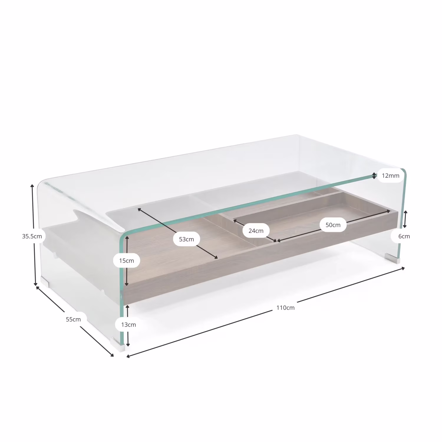 Table basse Pot : Verre trempé avec tiroir en bois