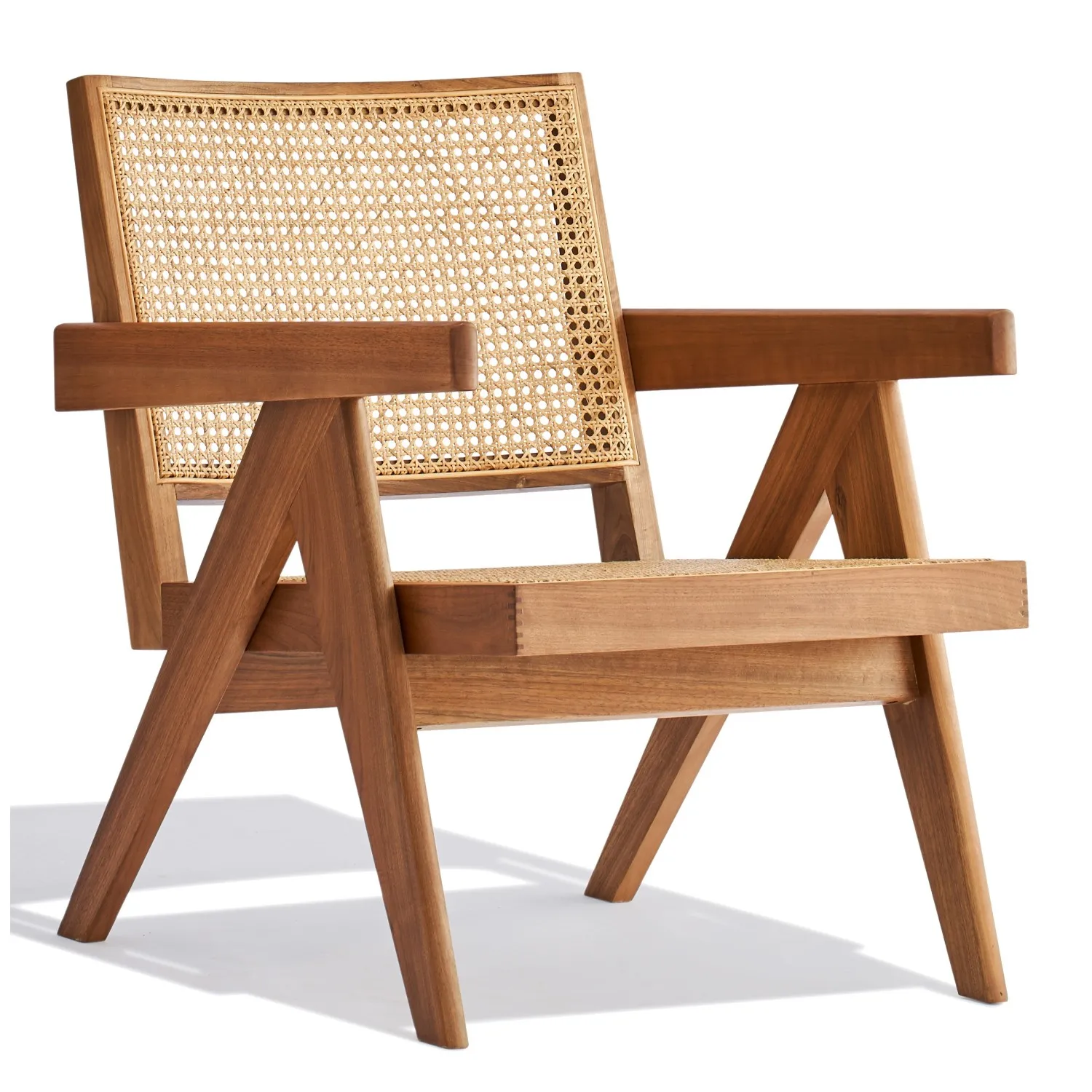 Chaise longue Compass avec accoudoirs en bois de teck et rotin naturel