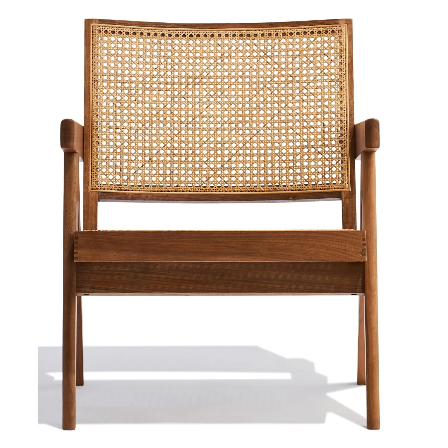 Chaise longue Compass avec accoudoirs en bois de teck et rotin naturel
